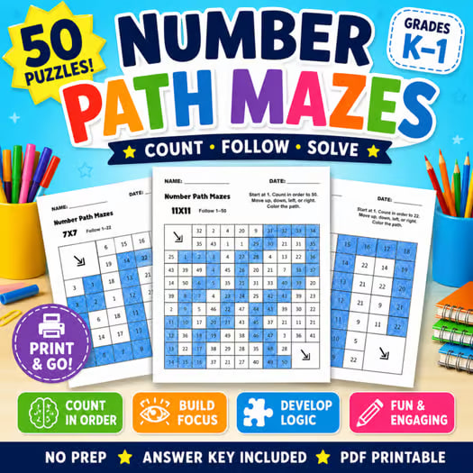 Number Path Mazes | Counting Order Math Labyrinths | No Prep Number Sense